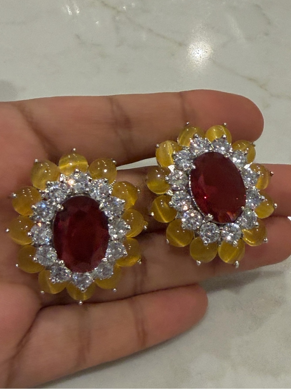 Ruby Red & Yellow Statement Floral Earrings | Indian Pakistani Wedding hazoori